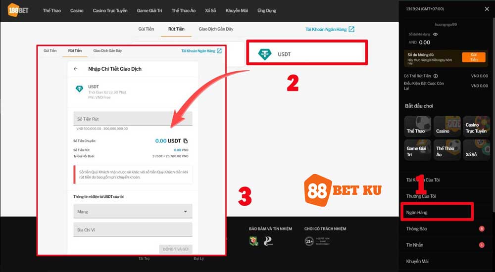 Rút tiền 88Bet qua USDT